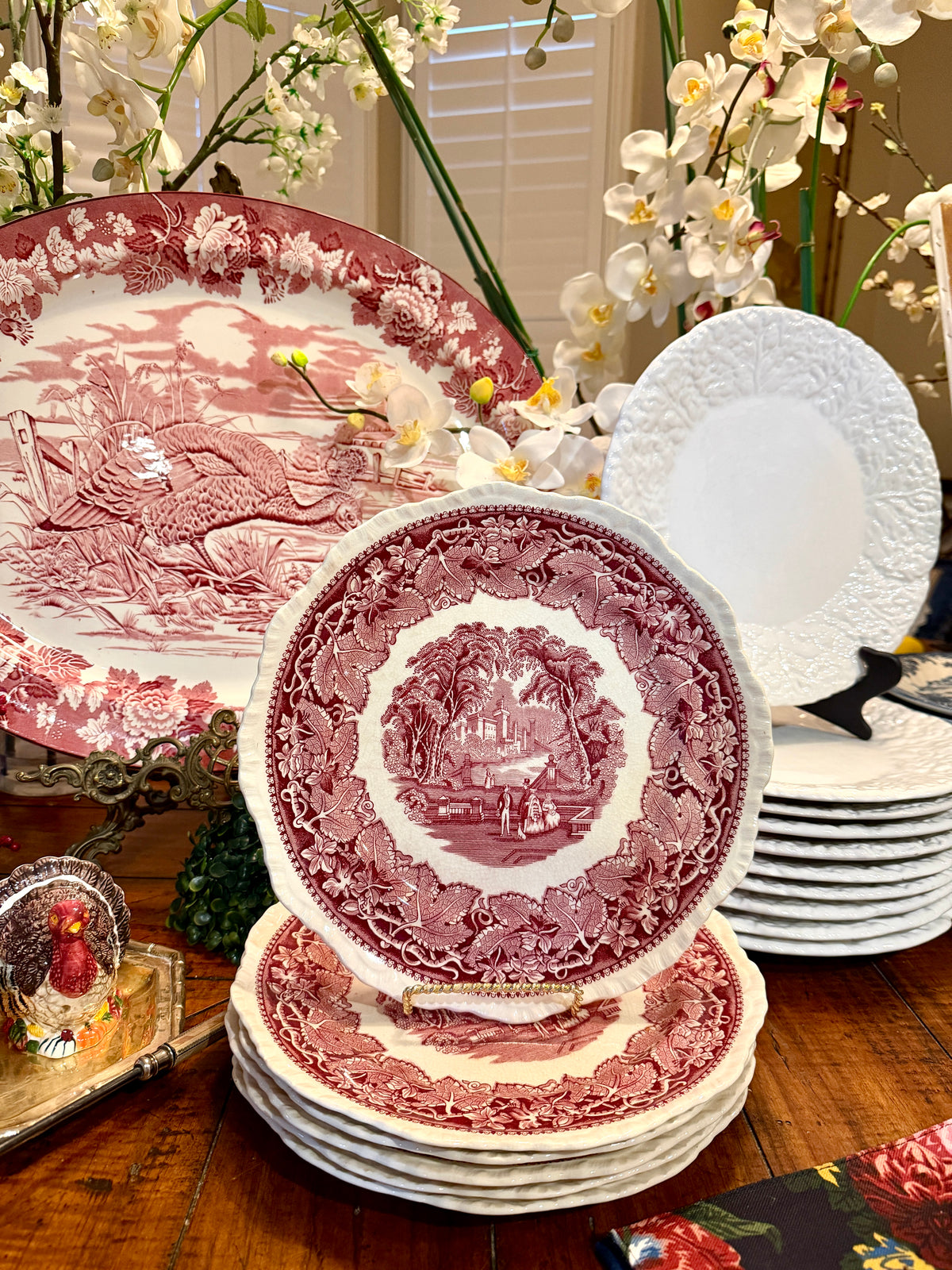 Rare Set of 8 Mason's Vista Pink Red willow dinner plates 10d