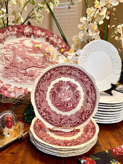 Rare Set of 8 Mason's Vista Pink Red willow dinner plates 10d