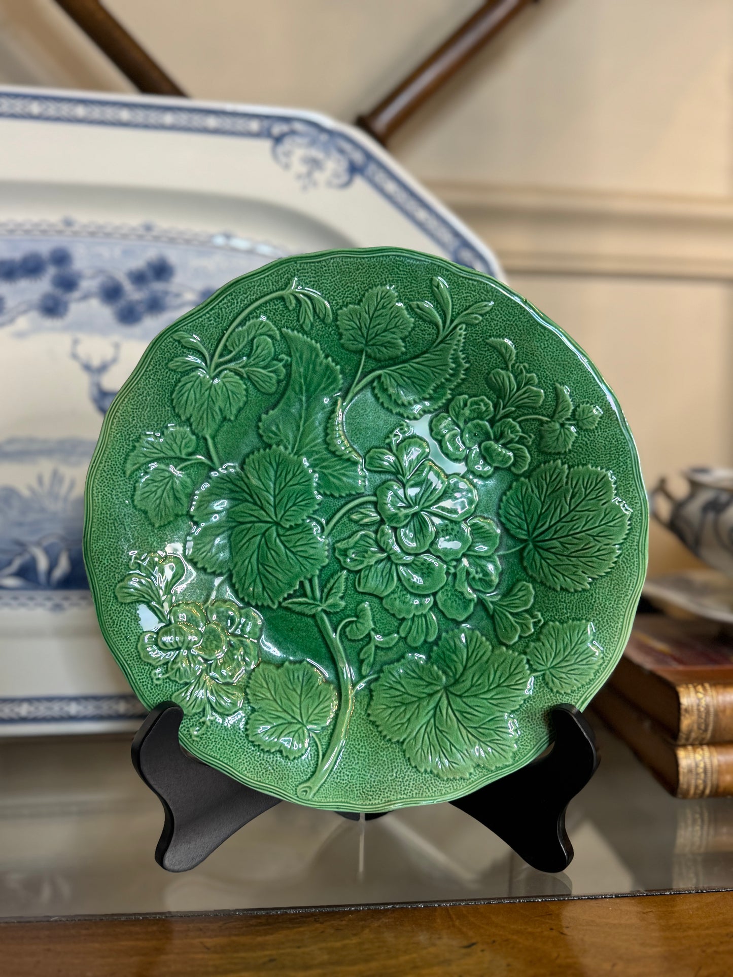 RESERVED - DA4398 - Green majolica GERANIUM LEAF PLATE