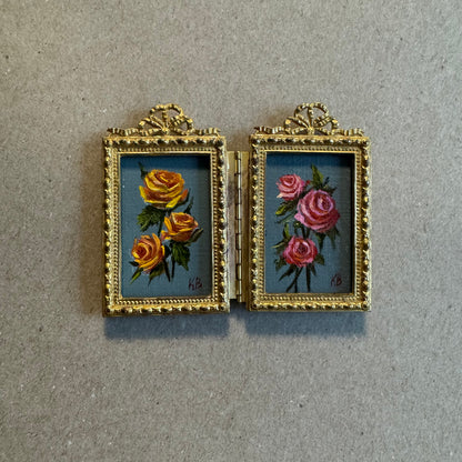 Live 06/09 antique Double frame roses original oil painting