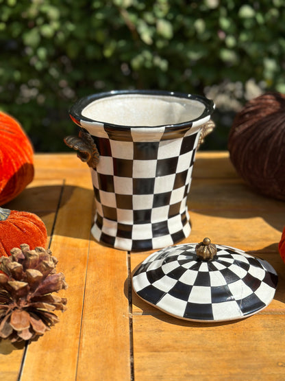Danny's Fine Porcelain - Black & Which Check Jar W/ Bronze Lid and Shell Handles - 9L X 7W X 10H