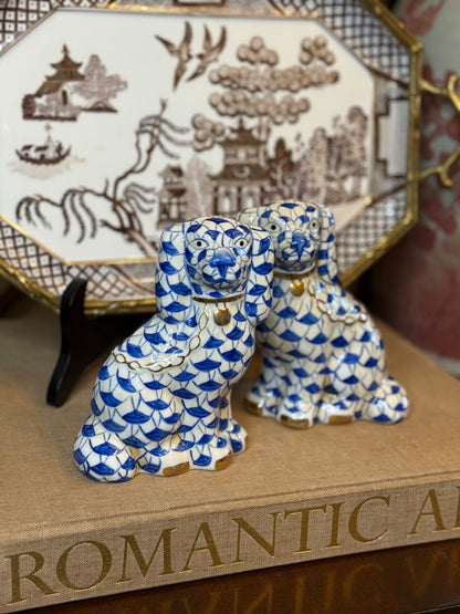 Danny’s Fine Porcelain Blue & White Spaniel Dog Figure Pair W/ Gold Accent (2 sizes to choose).