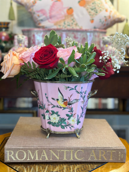 Danny's Fine Porcelain: Pink Floral Footed Basin/ Planter: Birds, Hand Painted, 9x6x7”
