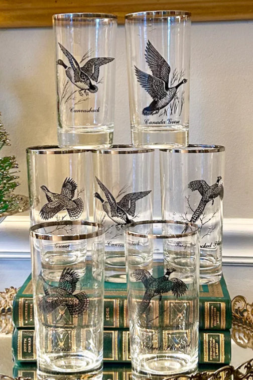 Set of 7 Vintage 1970s Federal Glass Water Fowl Hunting Birds Highball Tumbler Glasses MCM