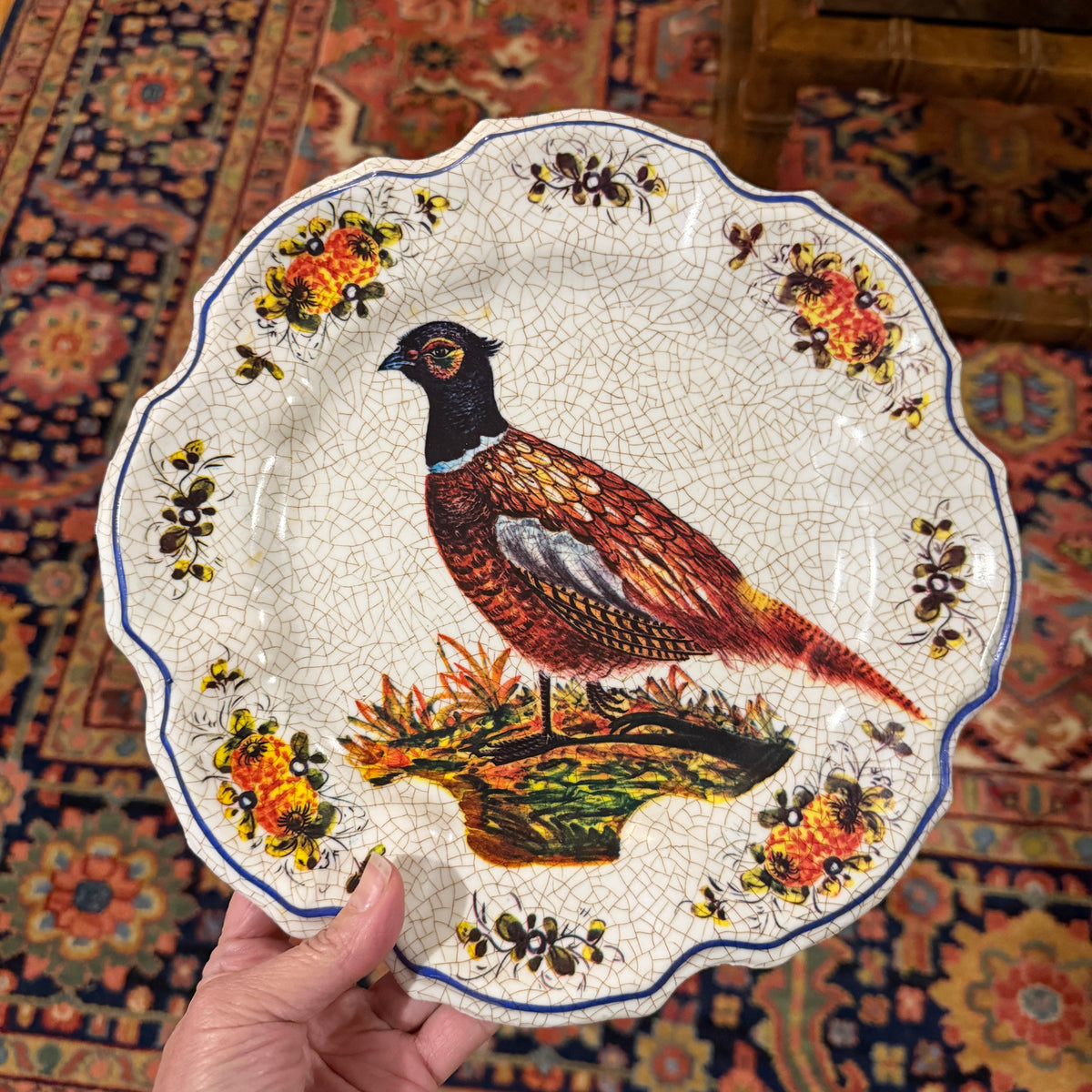 Vintage Bird botanical scalloped edge resin plate