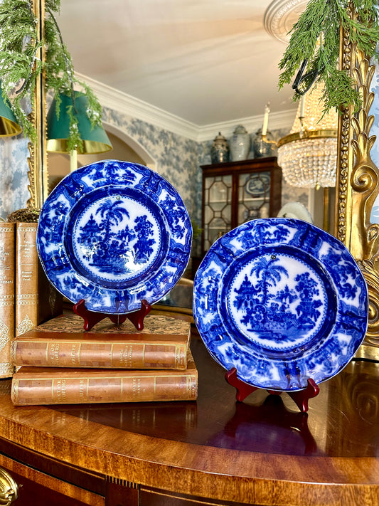 Beautiful 19thc Pair of Antique English Blue & White Plates