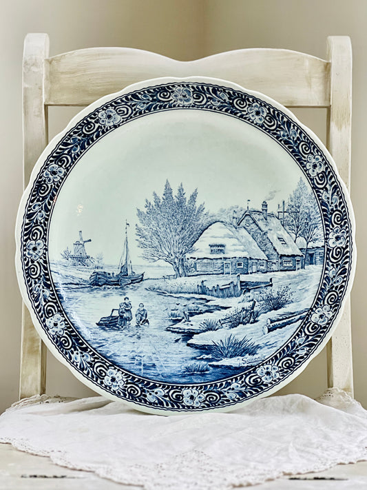 Large Vintage Delfts Boch Royal Sphinx 15” Blue & White Wall Charger, Wintry River Scene