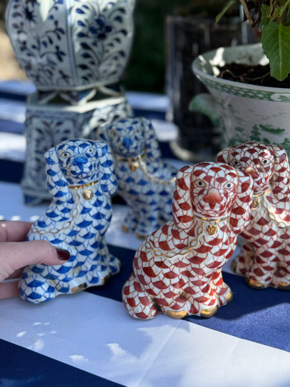 Danny’s Fine Porcelain Fishnet Blue & Rust Spaniel Dog Figure Pair W/ Gold Accent (2 colors to choose) 5.5”H X 9Lx2W