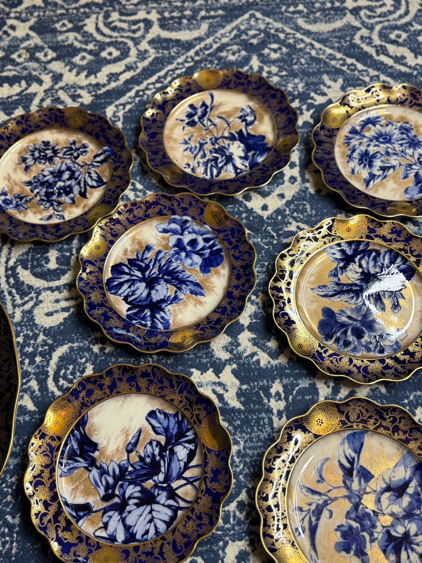 Antique Doulton Burslem “Blue Iris” Platter & (12) Scalloped 9.5”D Plates | England, c. 1890–1902