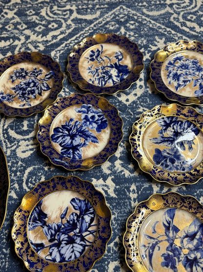 Antique Doulton Burslem “Blue Iris” Platter & (12) Scalloped 9.5”D Plates | England, c. 1890–1902
