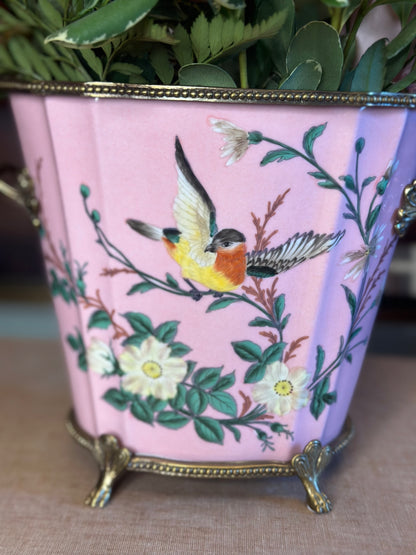 Danny's Fine Porcelain: Pink Floral Footed Basin/ Planter: Birds, Hand Painted, 9x6x7”