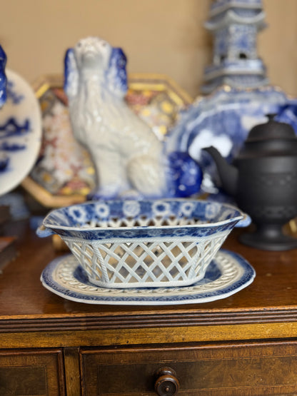 Antique Pearlware Blue & White Pierced Basket and Stand | c.1820 | Style DA4390