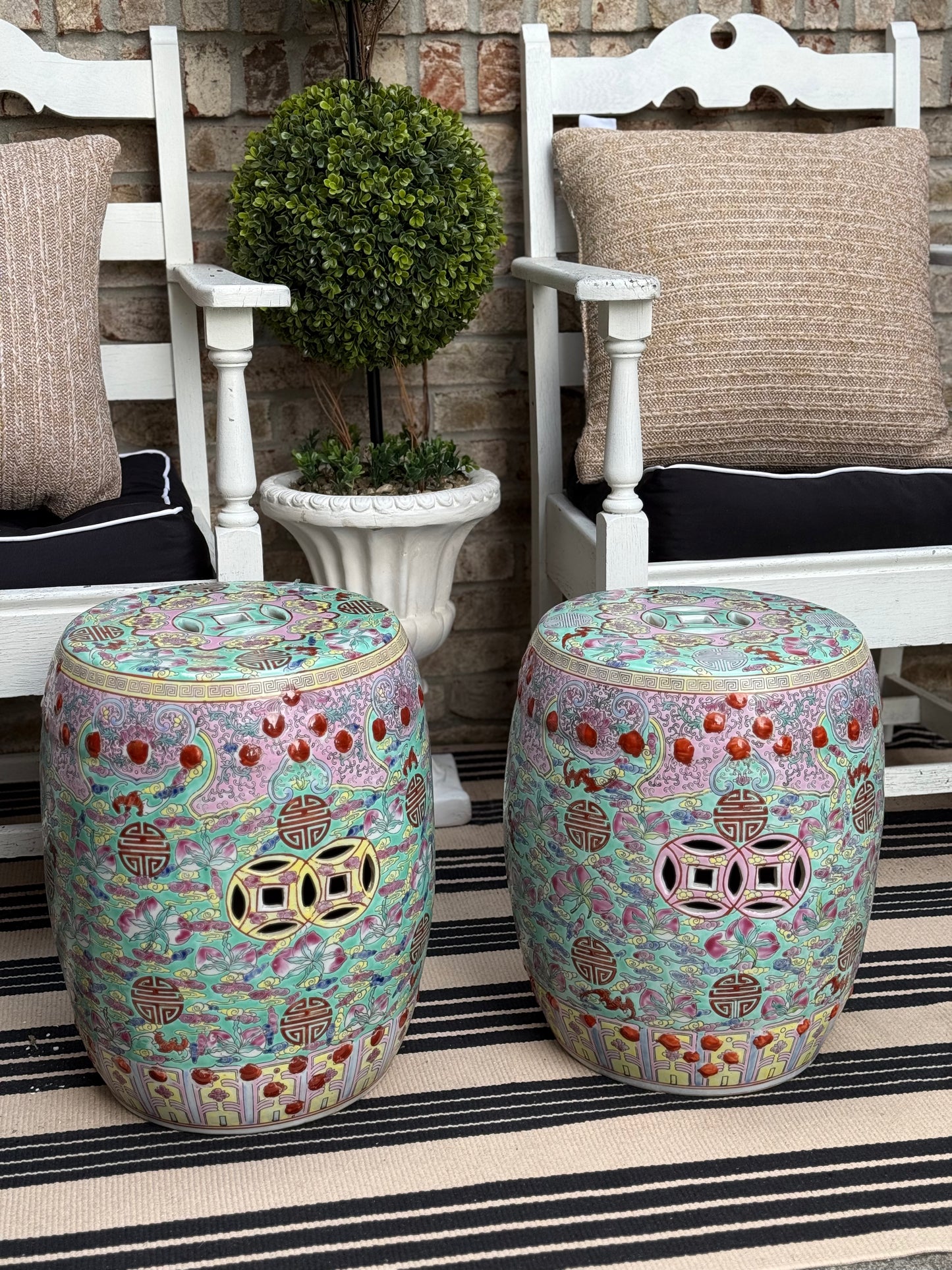 Danny’s Fine Porcelain - Hand Painted Porcelain Garden Stool, Green & Peach Palette: 12.5”L x 12.5”W x 15.75”H” (Sold Individually)