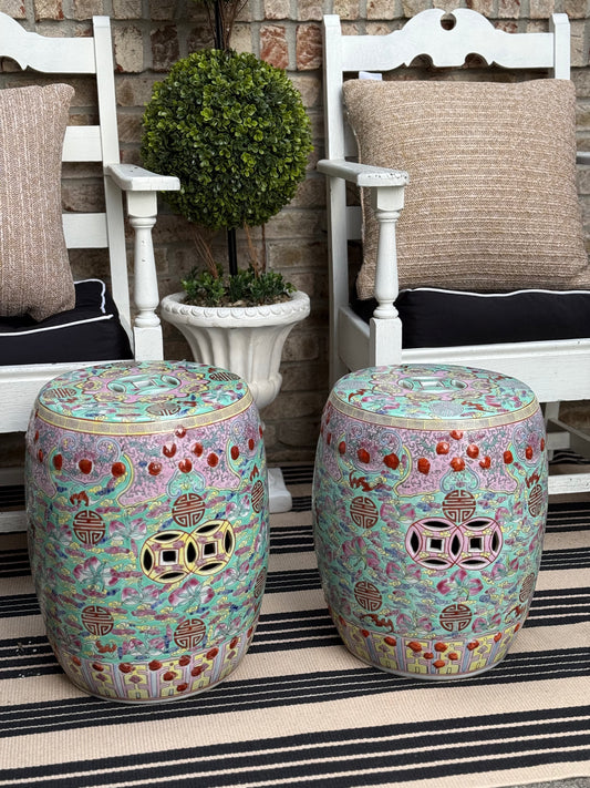 Danny’s Fine Porcelain - Hand Painted Porcelain Garden Stool, Green & Peach Palette: 12.5”L x 12.5”W x 15.75”H” (Sold Individually)