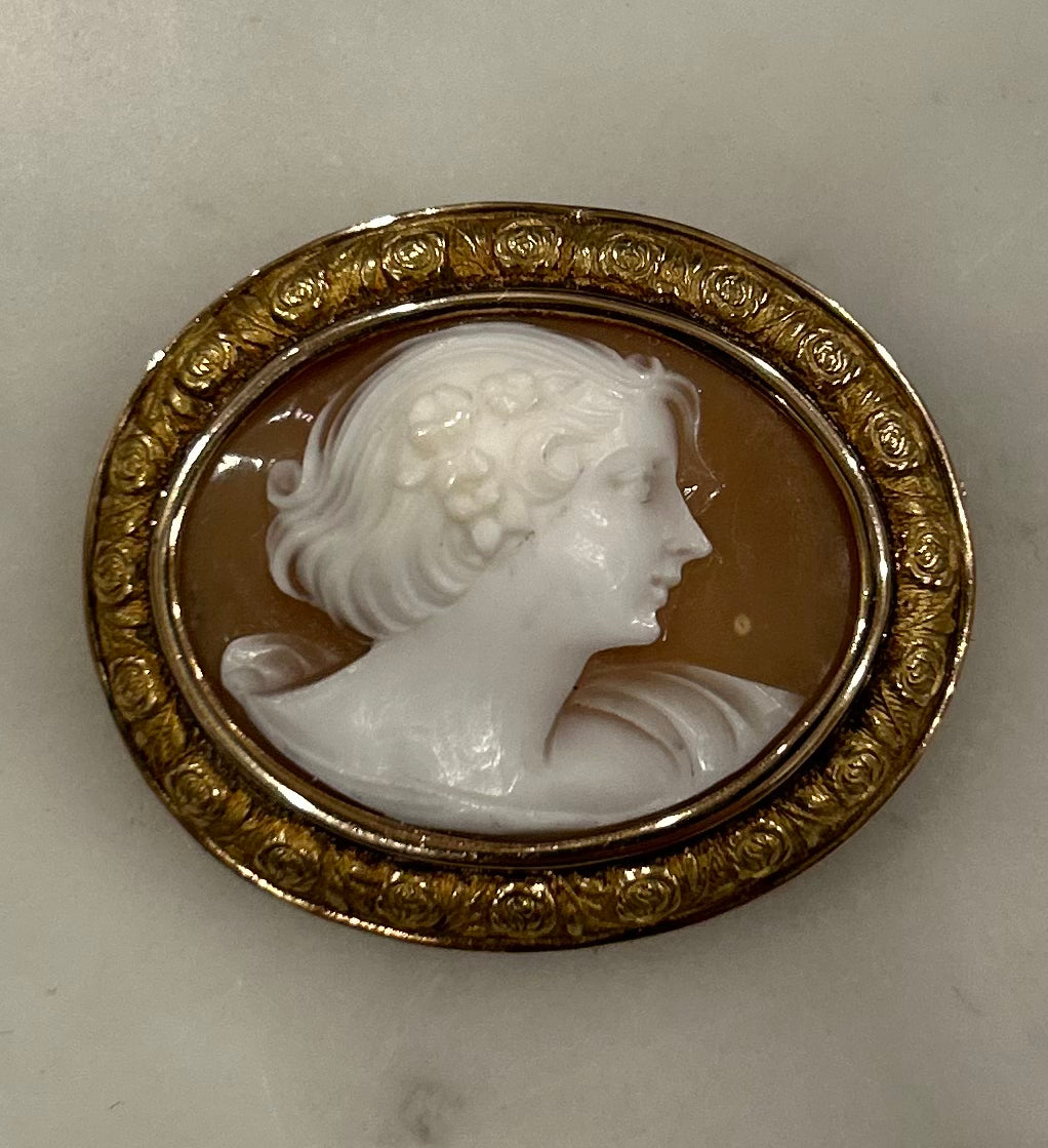 Antique Shell Cameo in a 14k Gold Oval Setting 1 1/2”w 1 1/4”h