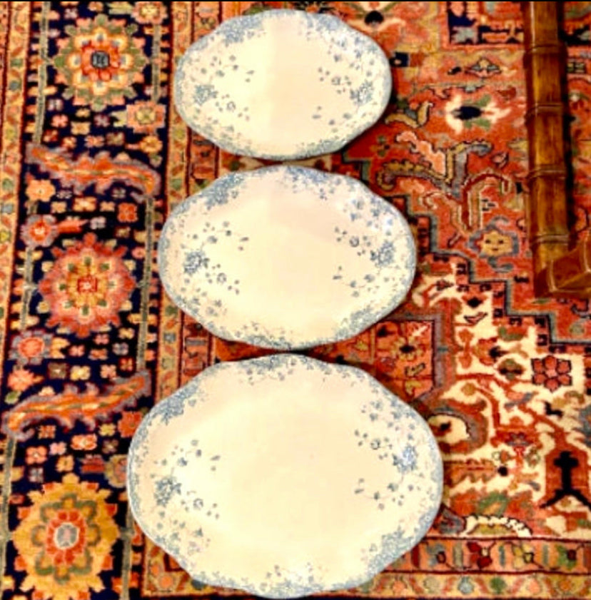 Antique Trio (3) large blue & white trio of scalloped edge platters, excellent!