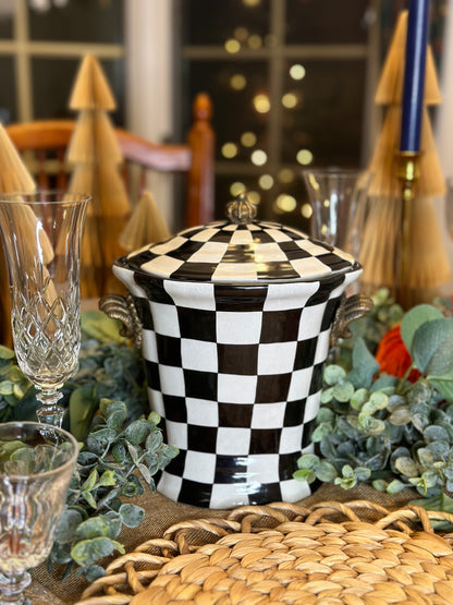 Danny's Fine Porcelain - Black & Which Check Jar W/ Bronze Lid and Shell Handles - 9L X 7W X 10H