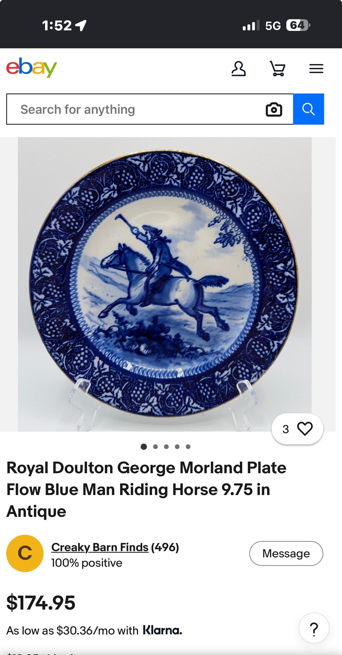 Royal Doulton George Morland Plate Flow Blue Man Riding Horse 9.75 in Antique