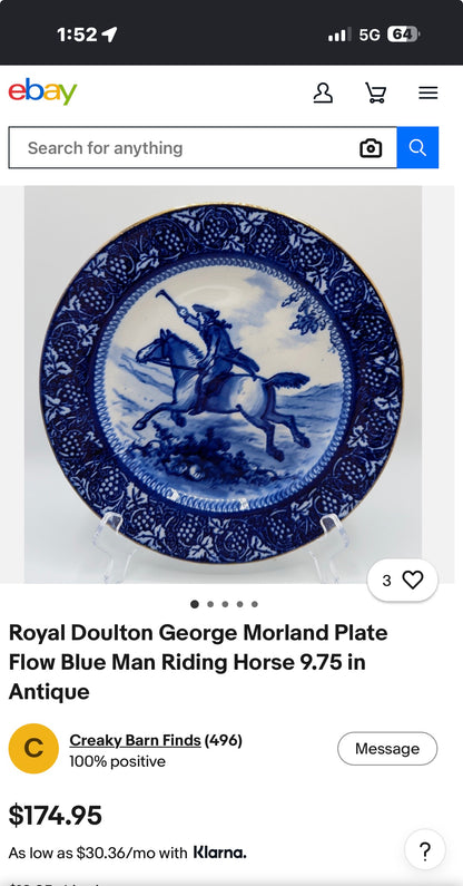 Royal Doulton George Morland Plate Flow Blue Man Riding Horse 9.75 in Antique