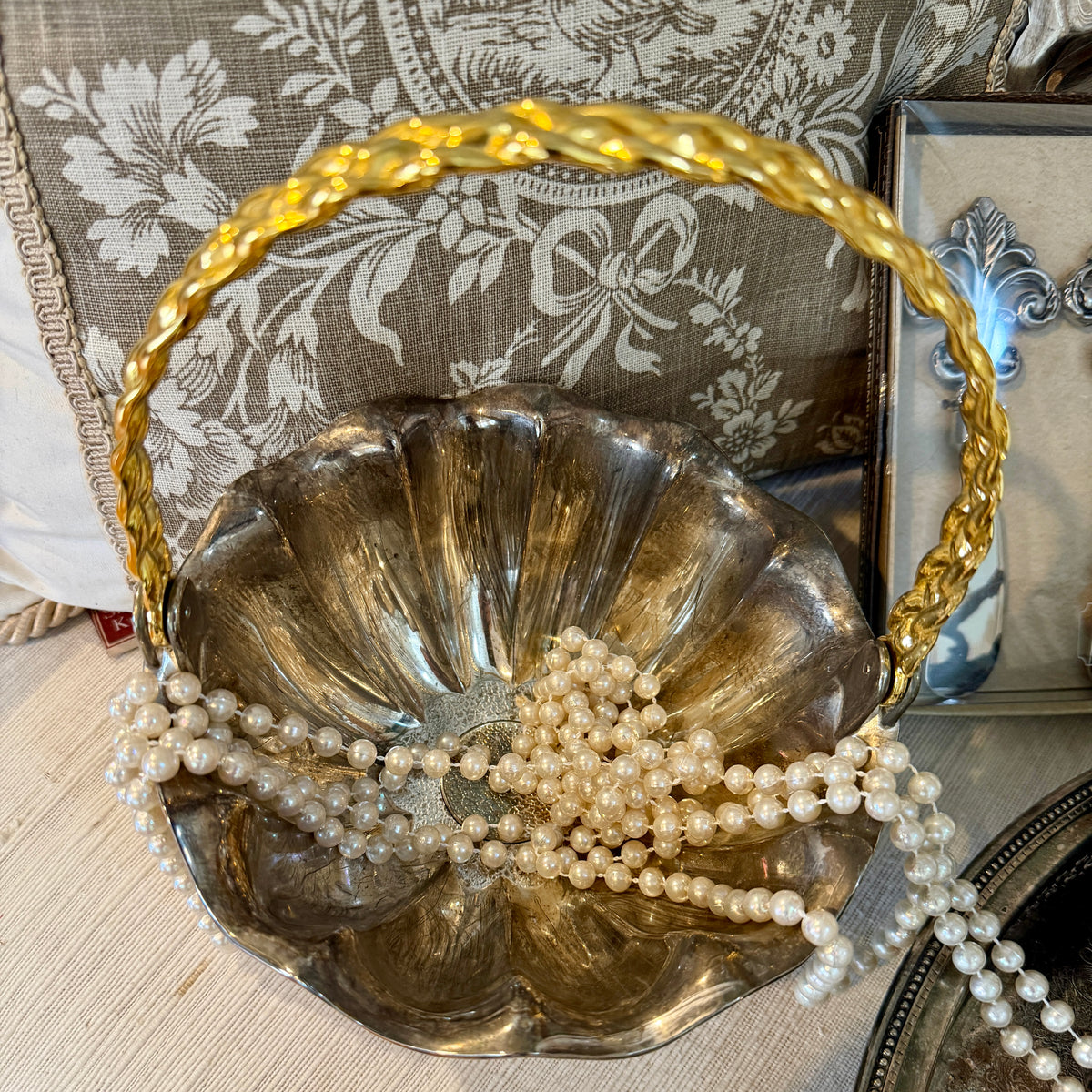 Vintage silver plated & brass basket planter by designer International Silver Co