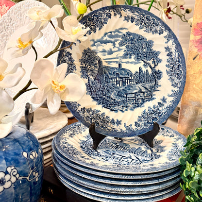 Set of 8 VINTAGE CHURCHILL BLUE WILLOW 10d DINNER PLATES
