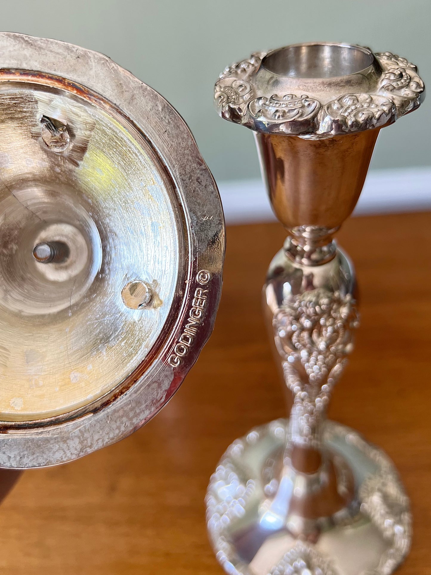 Vintage Godinger Silver Plate Candlesticks, 8.25″ tall, 3.75″ diameter