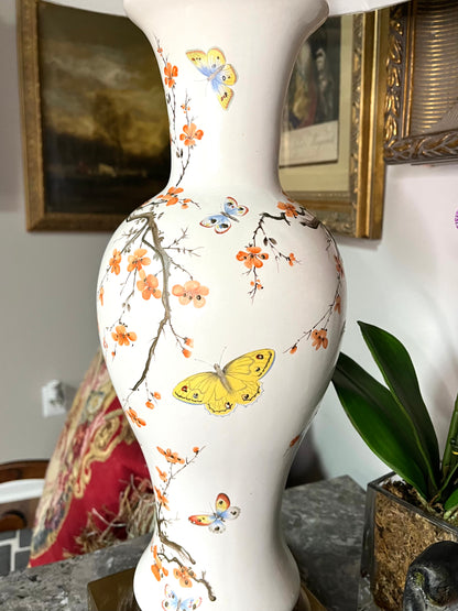 Reserved Alice ❤️Chic Hand Painted Chinoiserie Plum Blossom and Butterfly Lamp on Brass Base