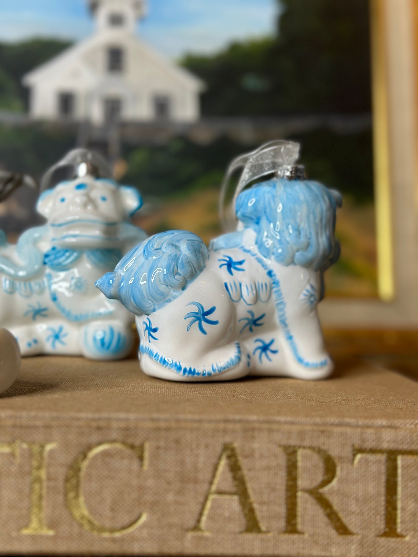 Danny's Fine Porcelain | Glass Foo Dog Ornament Pair (Left & Right) Blue & White
