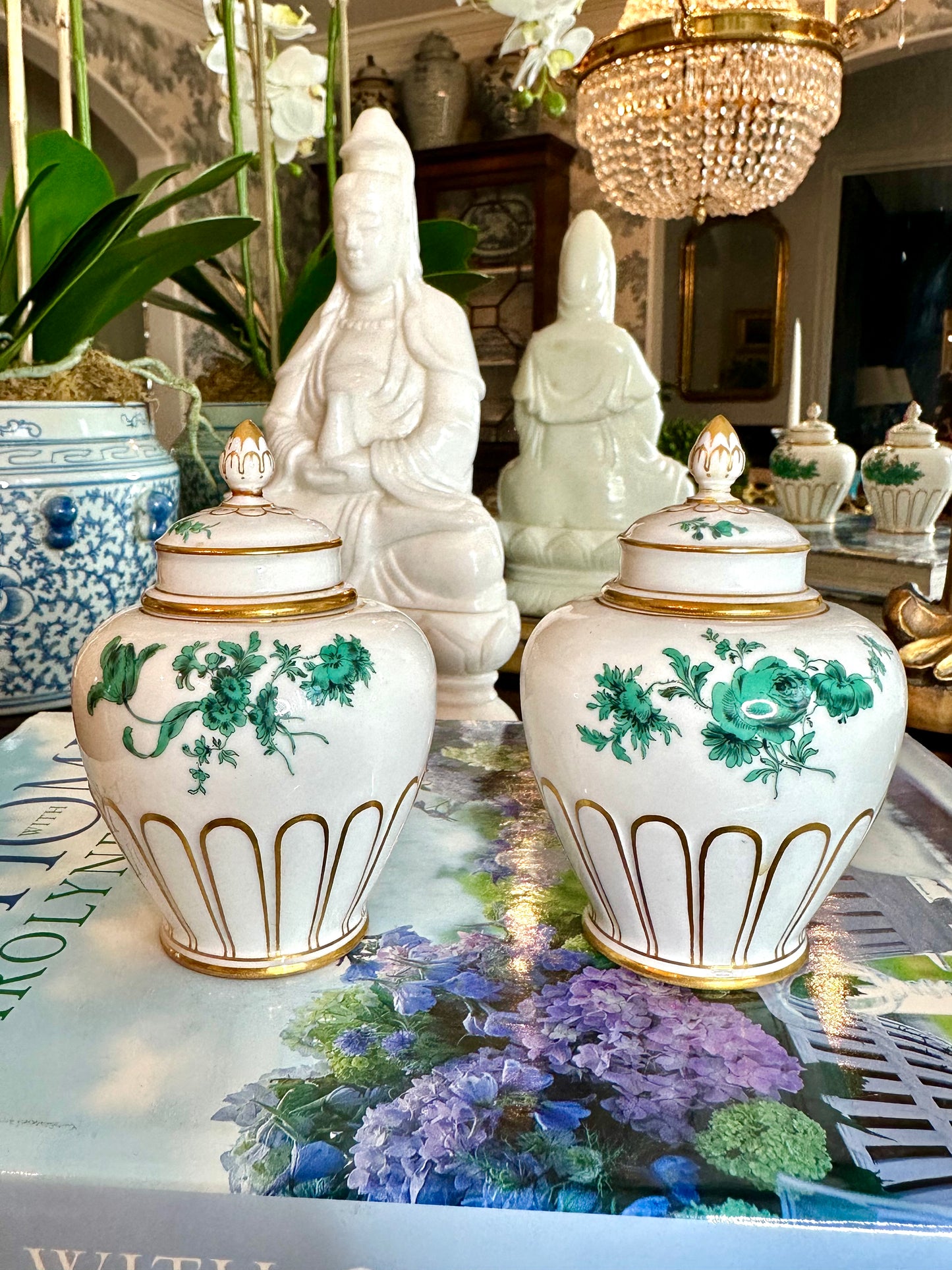 Exquisite Pair of German Porcelain Meissen Miniature Urns Green & White Jars