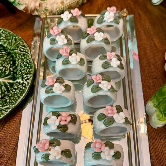 Set of 6 white & pink flower napkin ring holders (2 sets available)