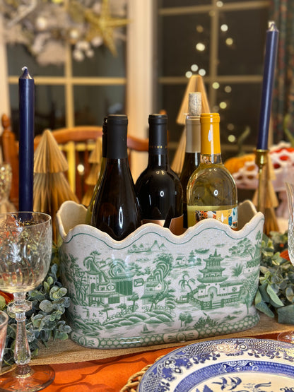 Danny's Fine Porcelain - Green & White Porcelain Pagoda Scalloped Basin, 12x8x7 - Pristine!