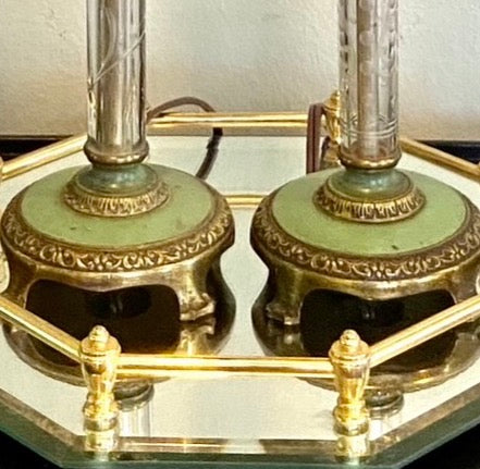 Pair claw leg vintage art deco etched glass lamps
