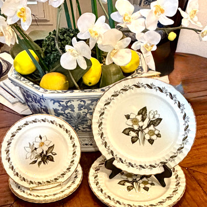 Rare English Royal Worcester bone China Set of 8 dinner and salad scalloped gold edge plates