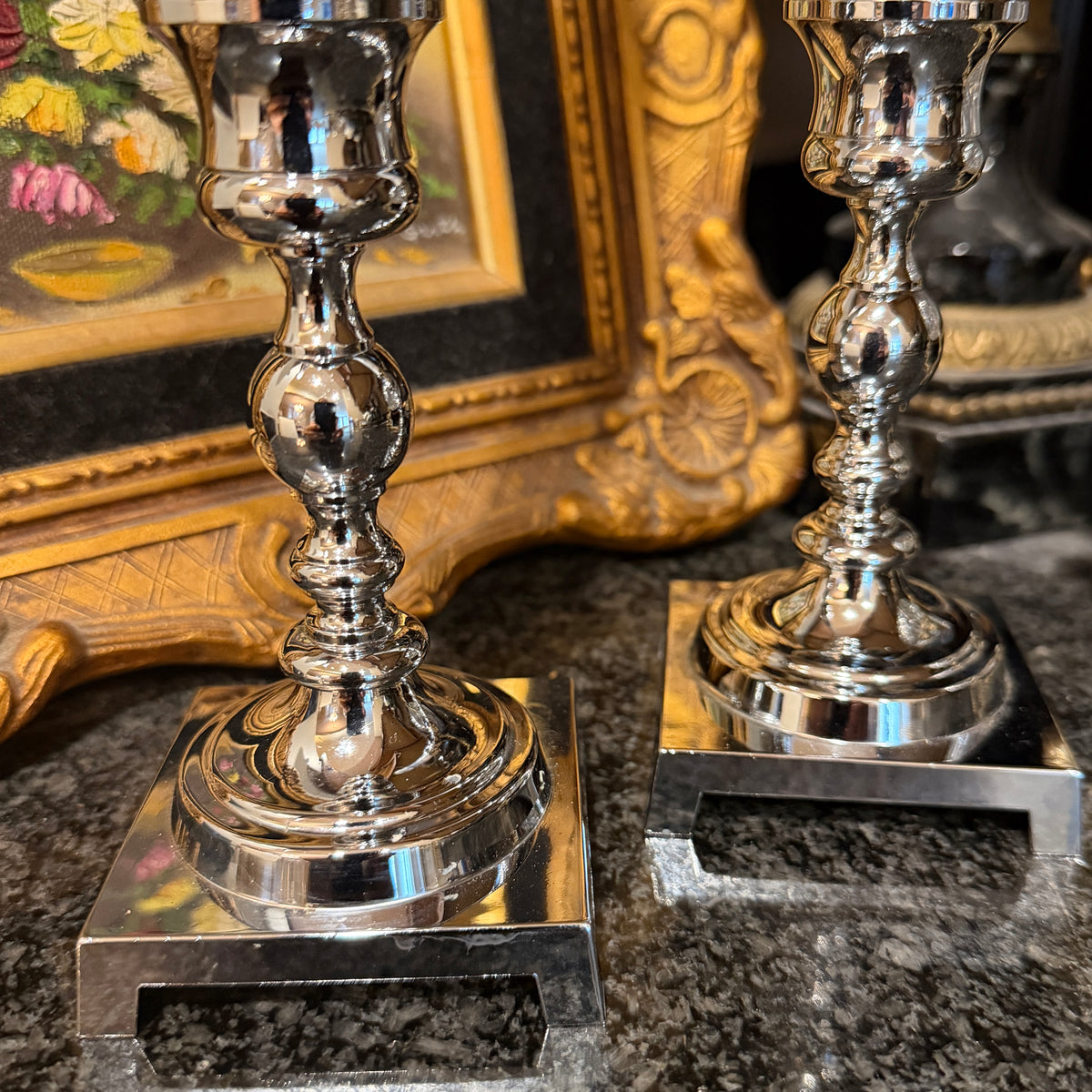 Pair of shiny silver shade 5 in vintage candlestick holders