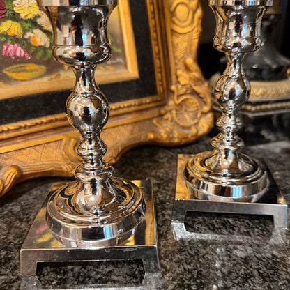 Pair of shiny silver shade 5 in vintage candlestick holders