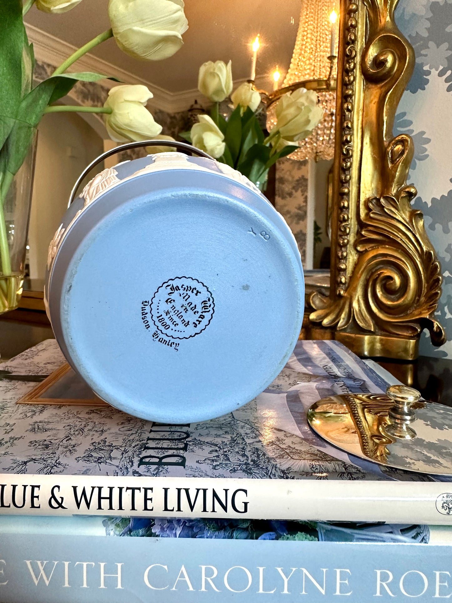 English Vintage Blue Jasperware Dudson Biscuit Barrel, 5.35” tall - Excellent!