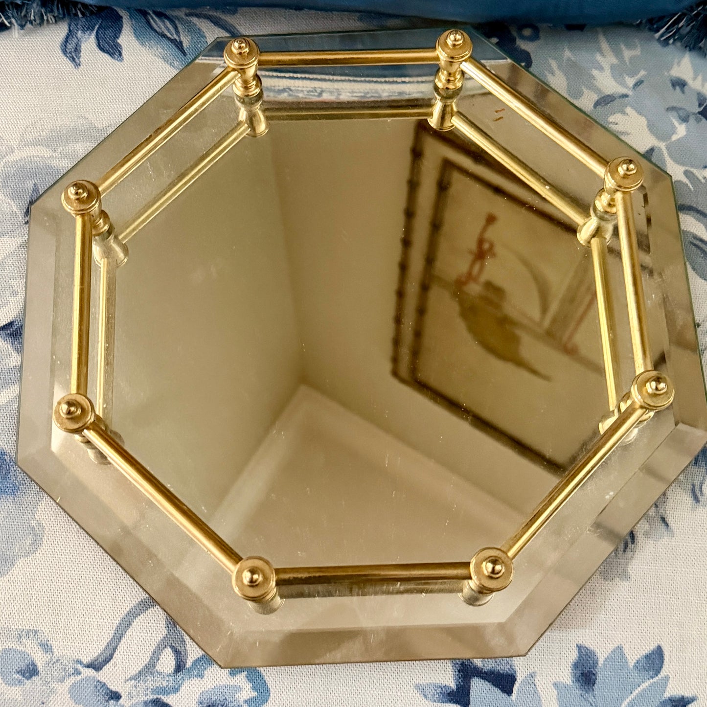 Gorgeous vintage octagon perfume mirrored tray with brass rail