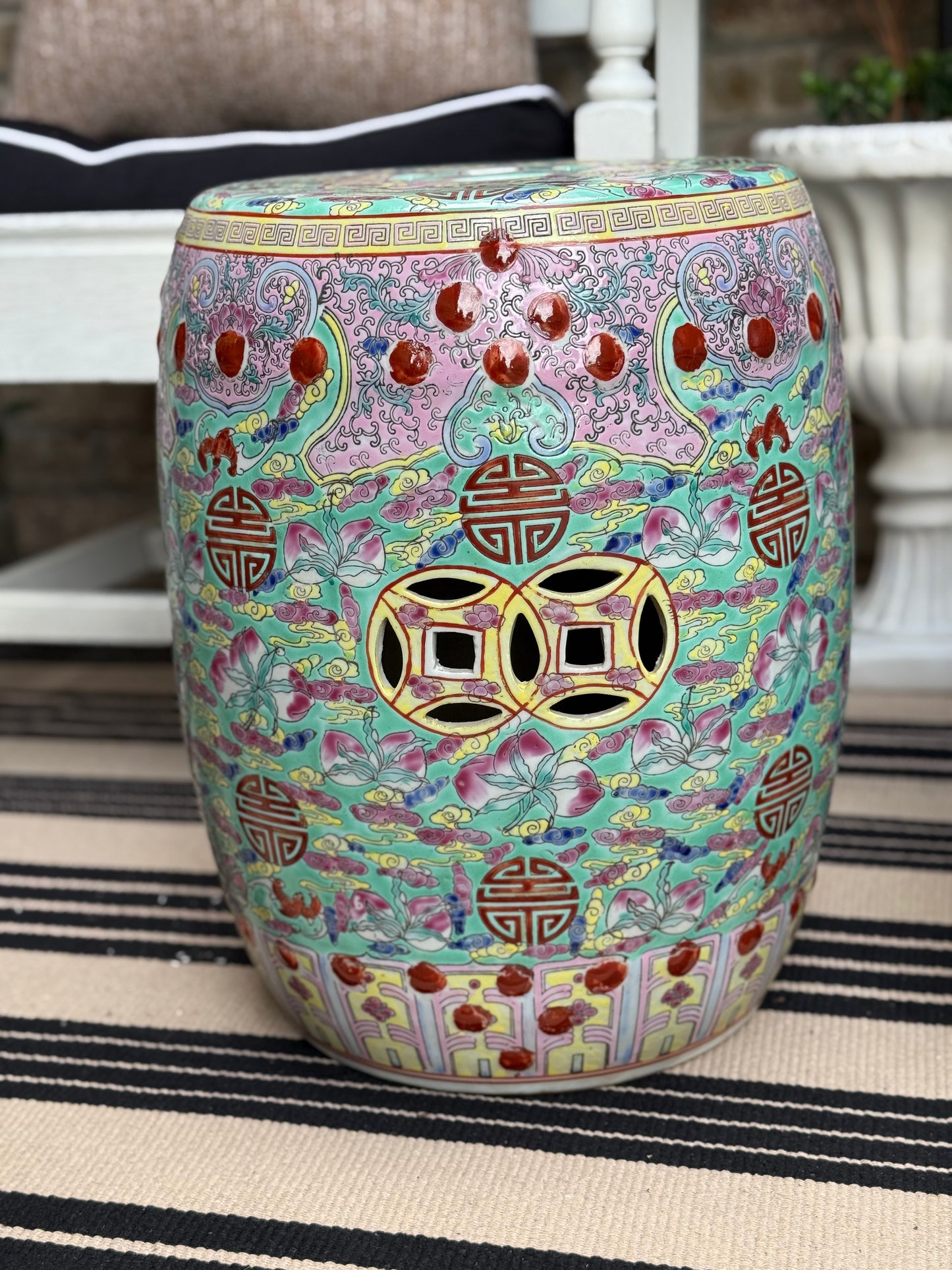 Danny’s Fine Porcelain - Hand Painted Porcelain Garden Stool, Green & Peach Palette: 12.5”L x 12.5”W x 15.75”H” (Sold Individually)