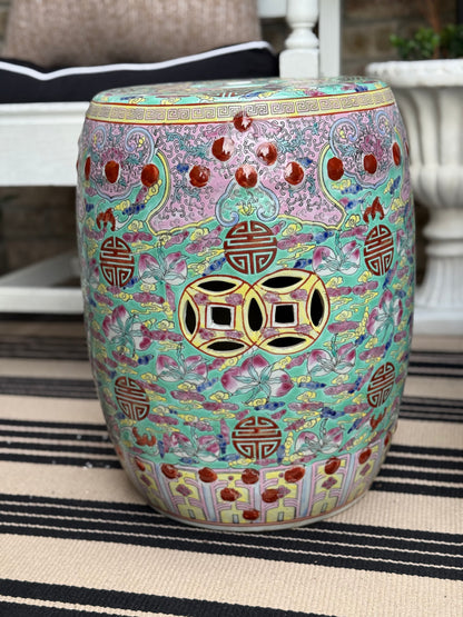 Danny’s Fine Porcelain - Hand Painted Porcelain Garden Stool, Green & Peach Palette: 12.5”L x 12.5”W x 15.75”H” (Sold Individually)