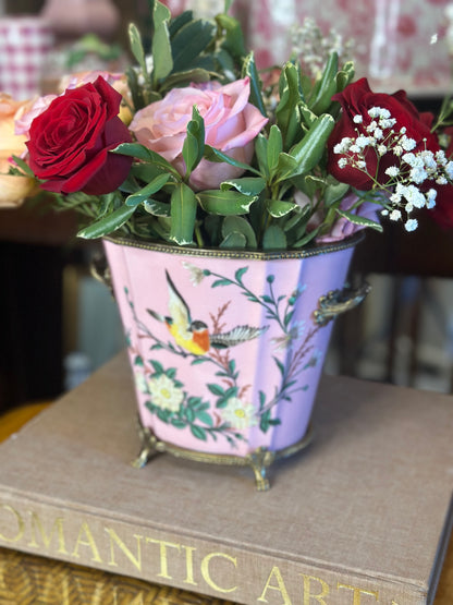 Danny's Fine Porcelain: Pink Floral Footed Basin/ Planter: Birds, Hand Painted, 9x6x7”