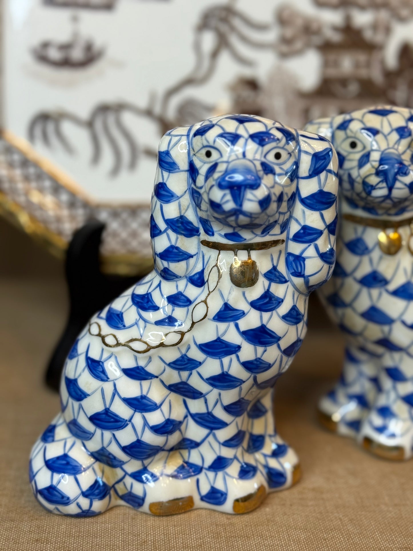Danny’s Fine Porcelain Blue & White Spaniel Dog Figure Pair W/ Gold Accent (2 sizes to choose).
