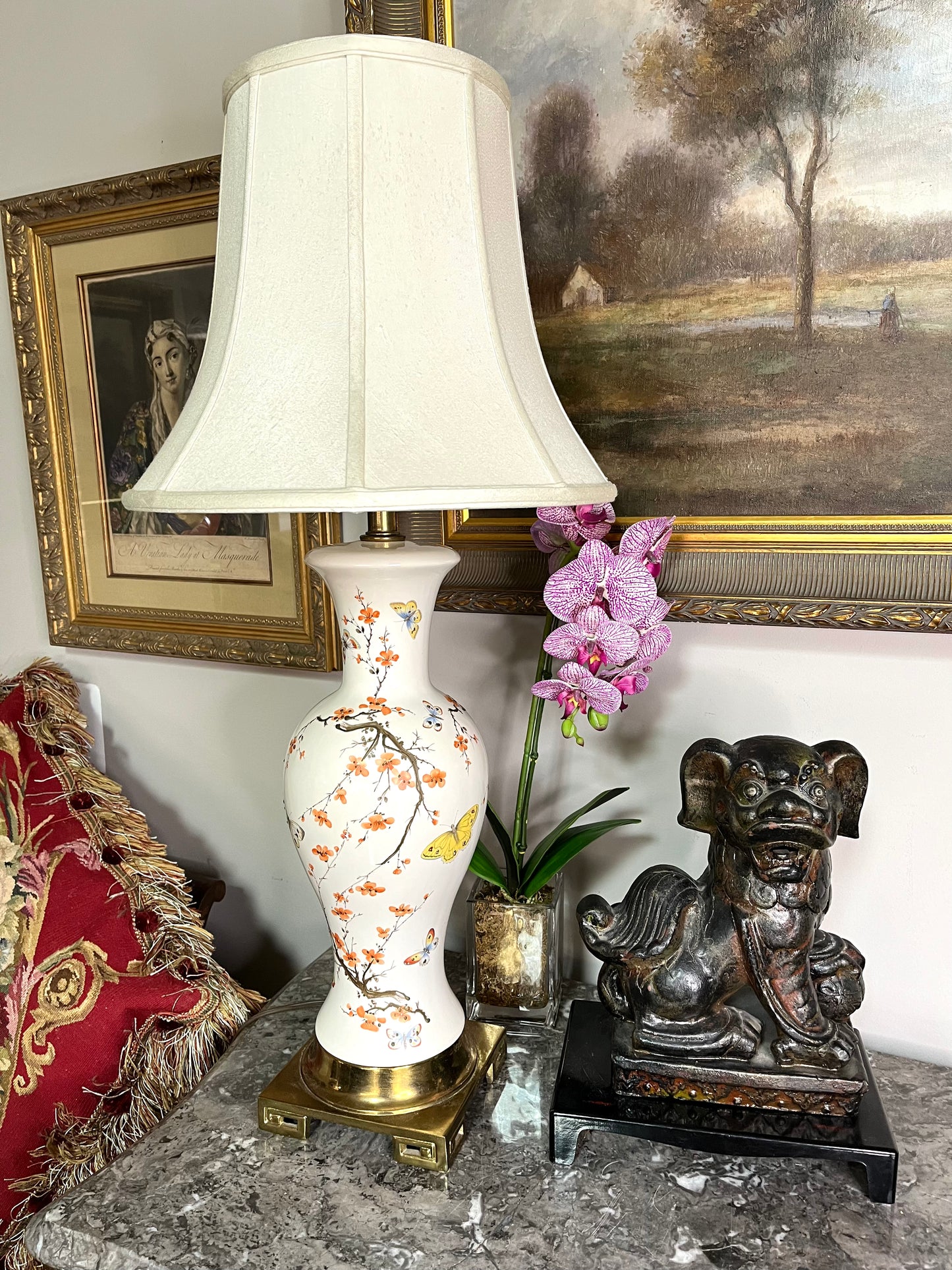 Reserved Alice ❤️Chic Hand Painted Chinoiserie Plum Blossom and Butterfly Lamp on Brass Base