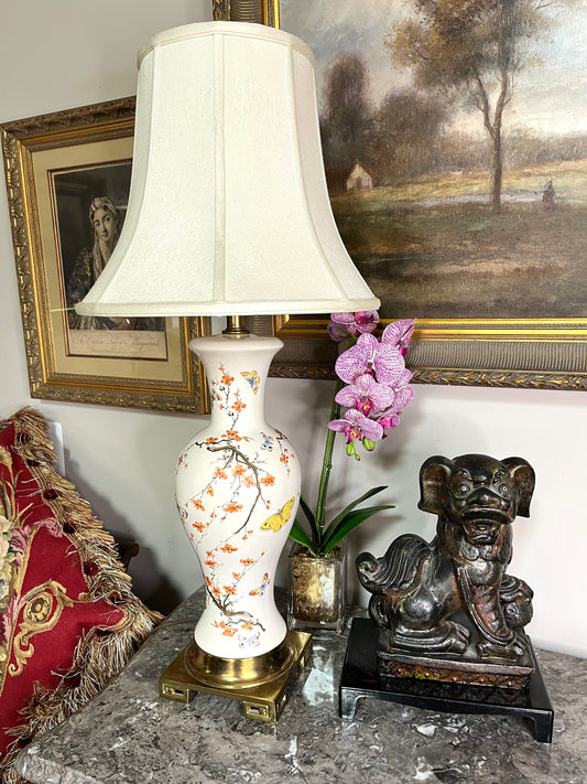 Reserved Alice ❤️Chic Hand Painted Chinoiserie Plum Blossom and Butterfly Lamp on Brass Base