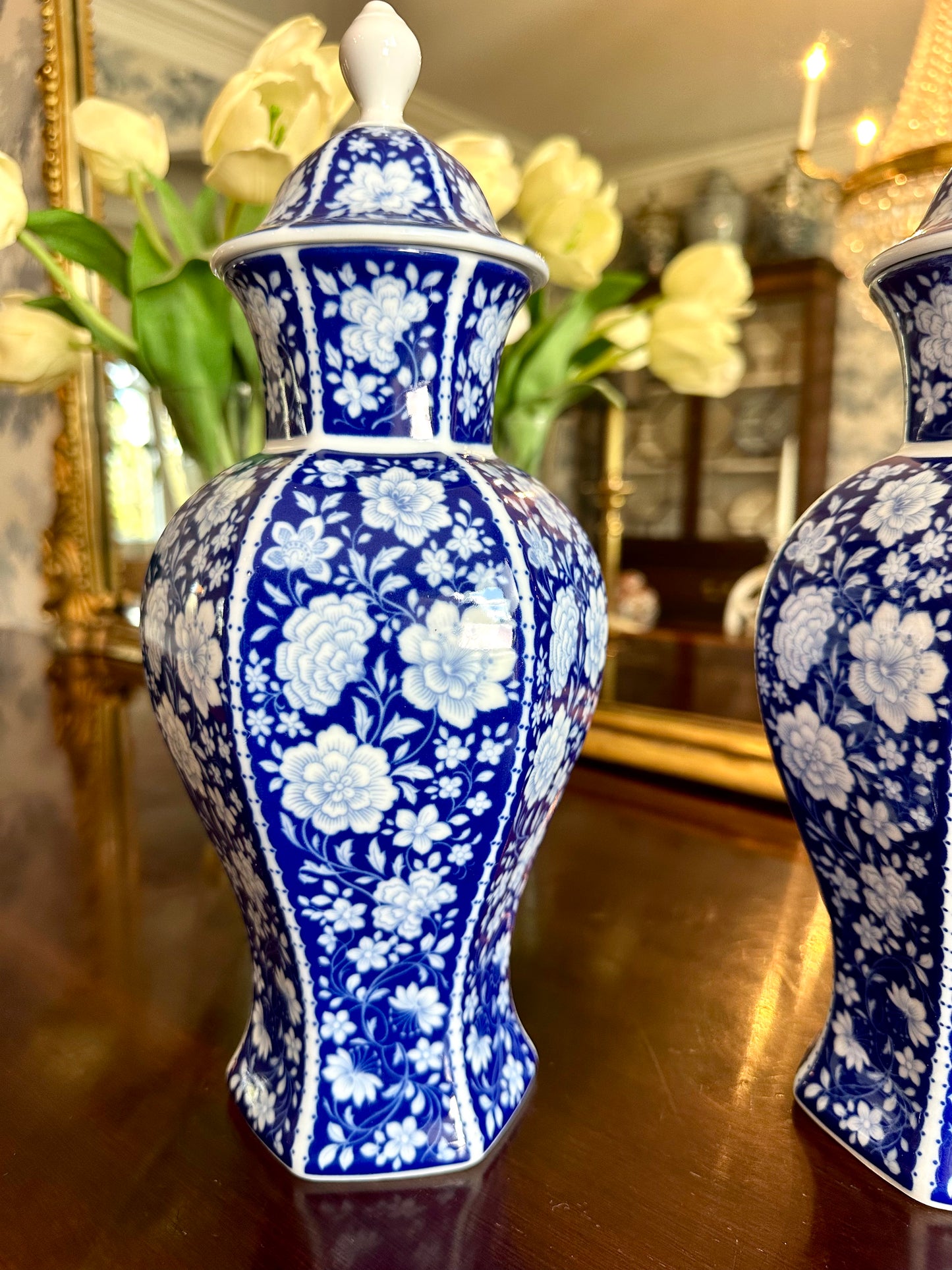 Beautiful German Pair of Blue & White Floral Porcelain Urns, 12.5” high x 5.5” wide - Pristine!