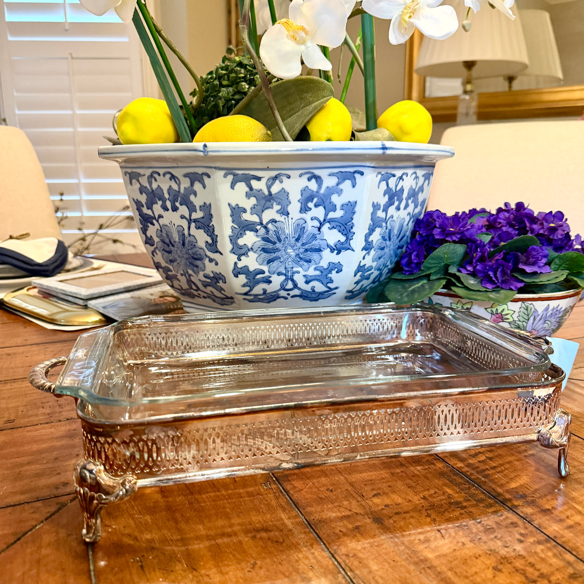 Massive Vintage silver plate baroque footed rectangular serving platter by Wm. A. Rogers plus serving dish