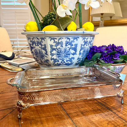 Massive Vintage silver plate baroque footed rectangular serving platter by Wm. A. Rogers plus serving dish