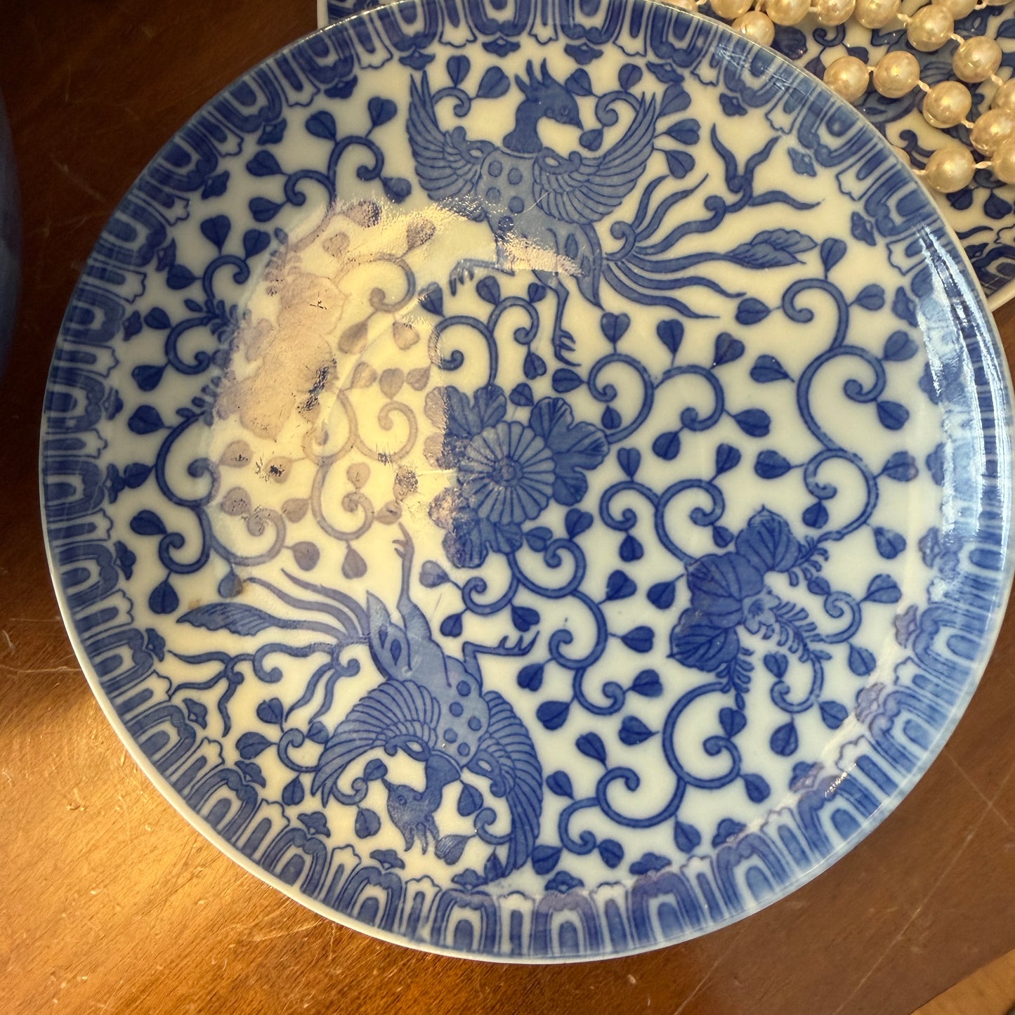 Set of 2 rare blue and white chinoiserie Phoenix porcelain trinket dishes 5 d