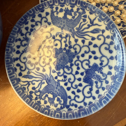 Set of 2 rare blue and white chinoiserie Phoenix porcelain trinket dishes 5 d