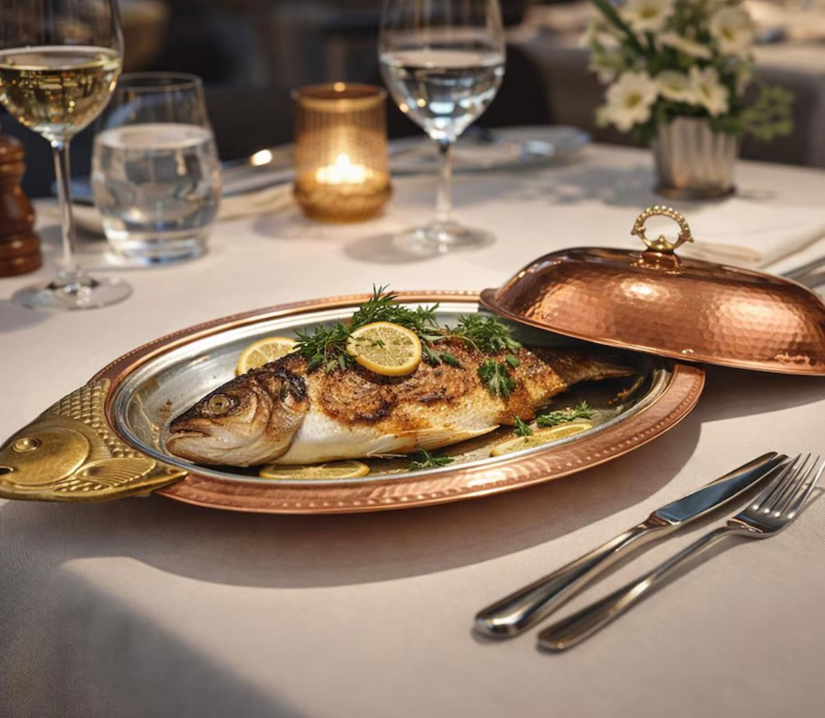 Massive Vintage Handcrafted Copper Fish Serving Tray with Lid Tin Lined, Hammered Copper Platter, Brass Details, Artisan Tableware