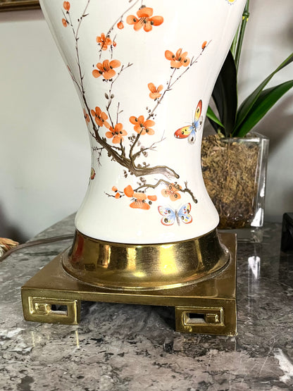 Reserved Alice ❤️Chic Hand Painted Chinoiserie Plum Blossom and Butterfly Lamp on Brass Base